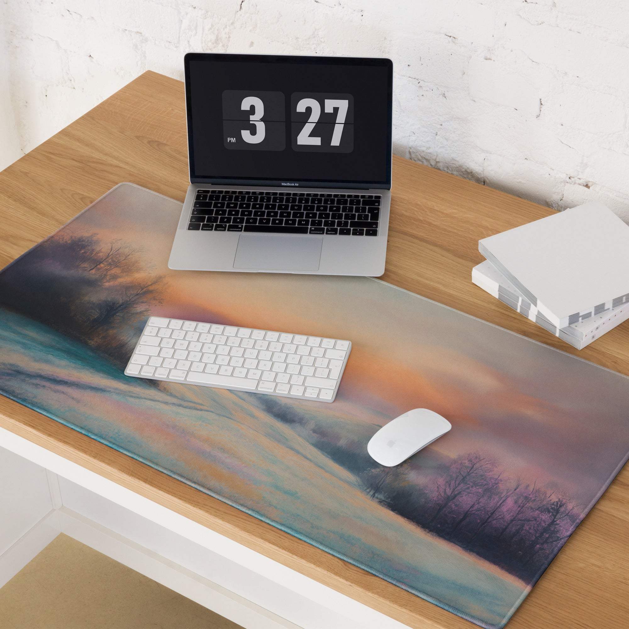 Large pastel sunset landscape gaming mouse pad with non-slip backing