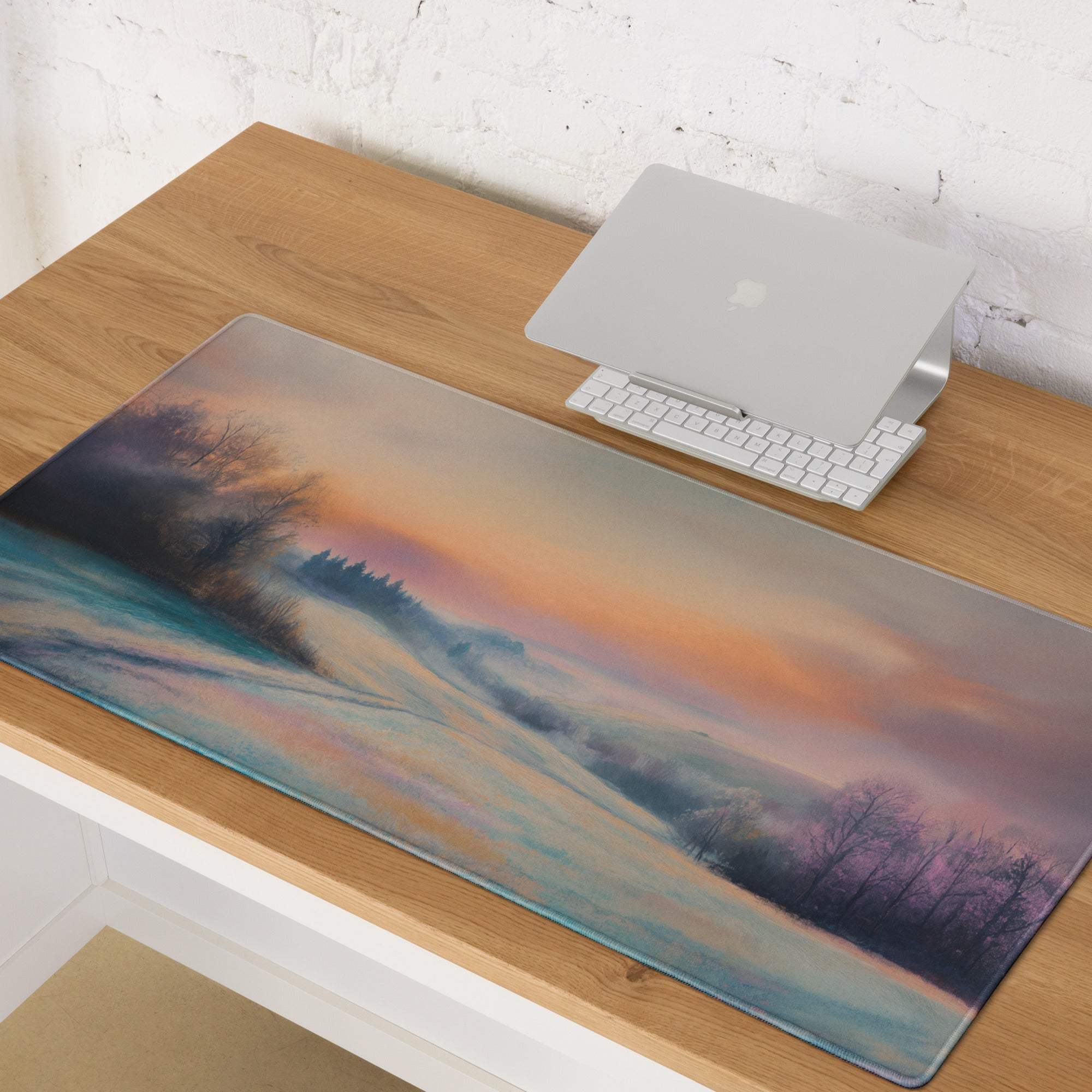 Large pastel sunset winter landscape gaming mouse pad with non-slip backing