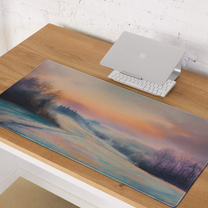 Large pastel sunset winter landscape gaming mouse pad with non-slip backing