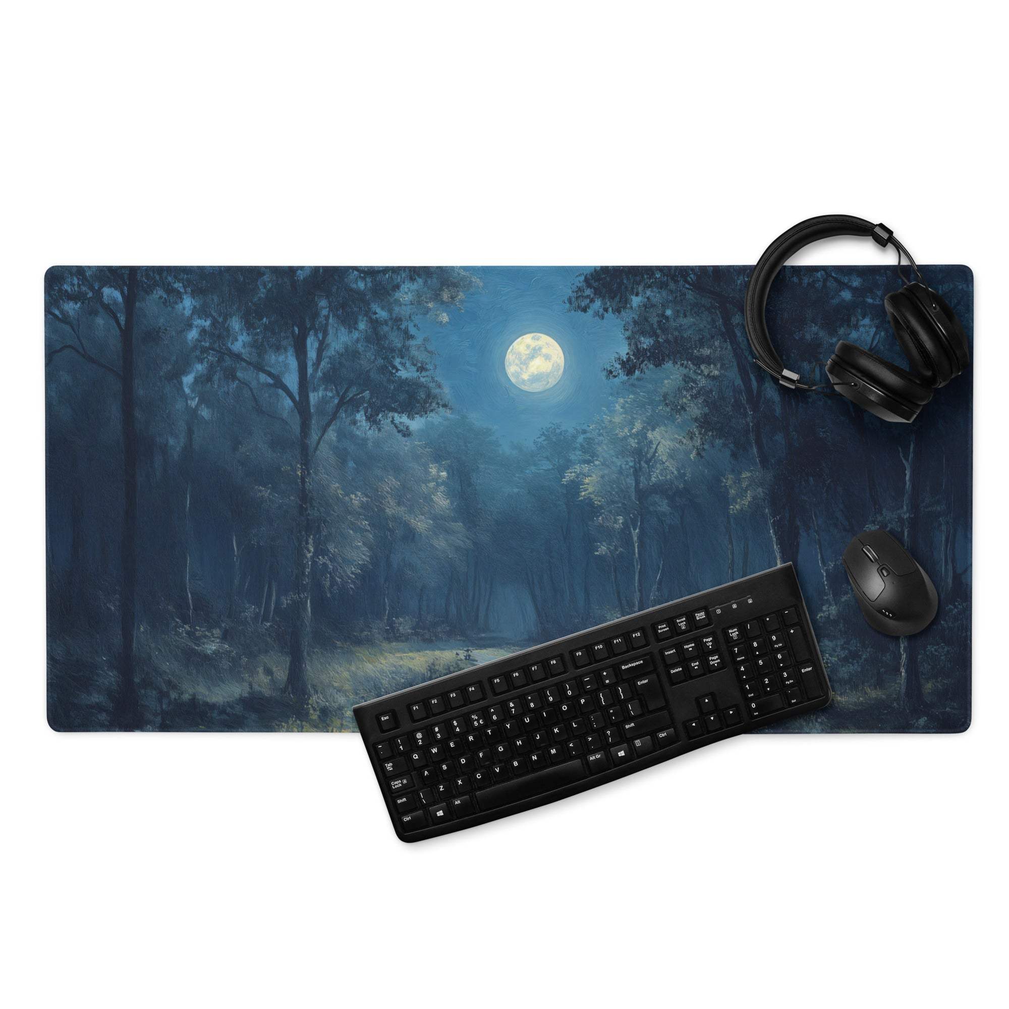 Blue forest gaming mousepad with moonlit trees, large size, stitched edges