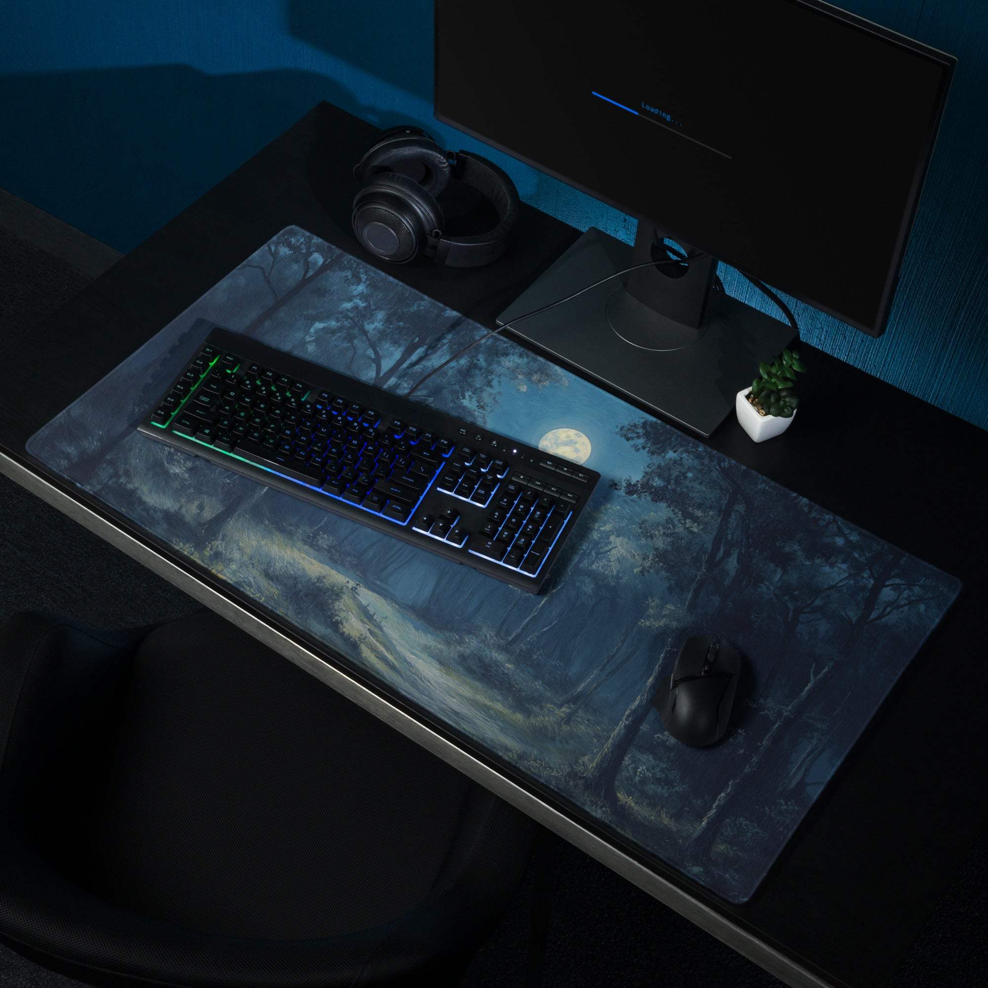 Blue forest gaming mousepad with full moon, large size, stitched edges