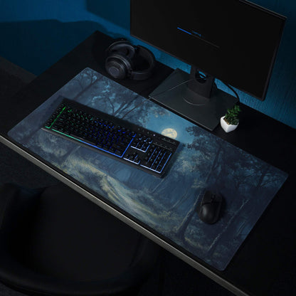 Blue forest gaming mousepad with full moon, large size, stitched edges
