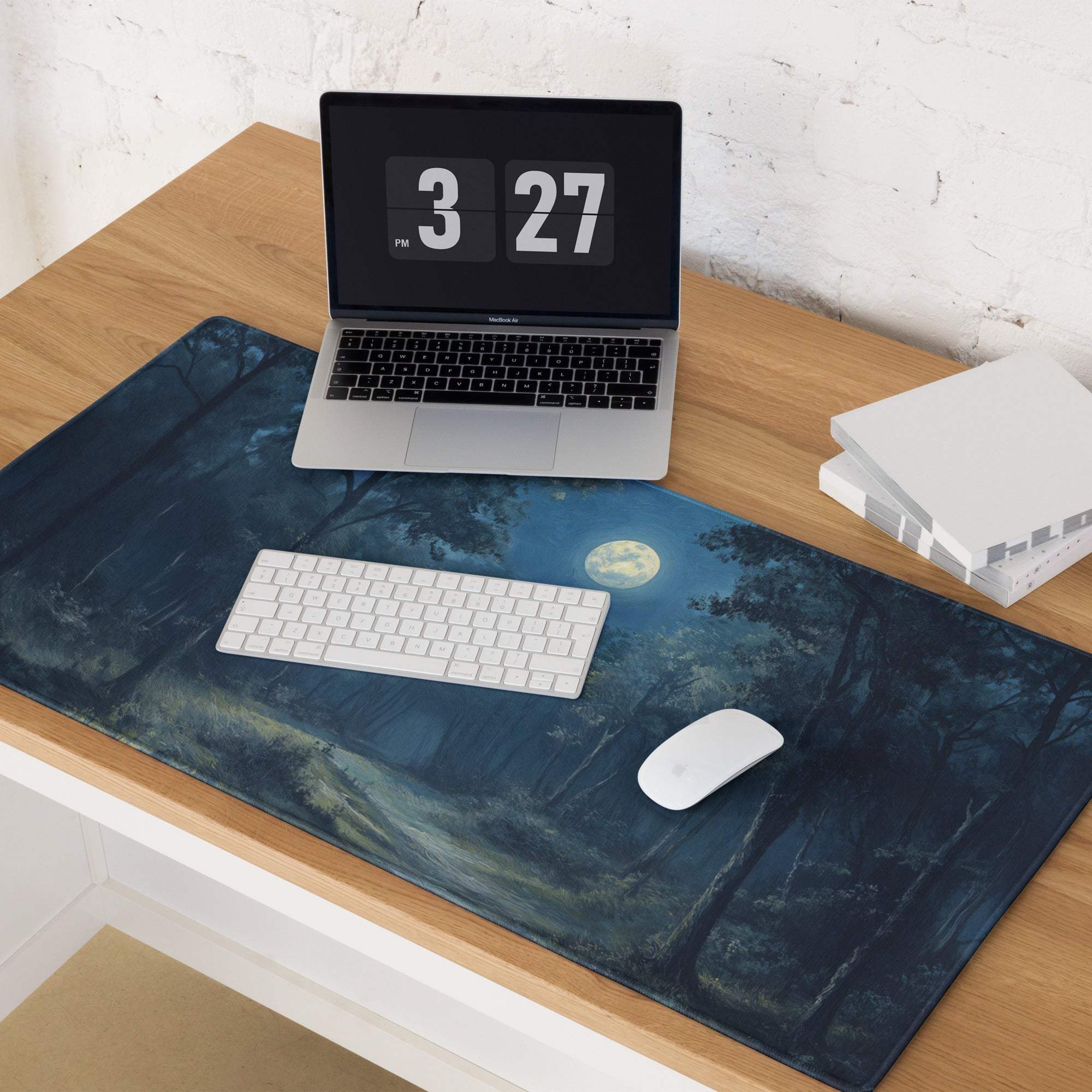 Dark blue forest gaming mouse pad with moonlit trees and non-slip base