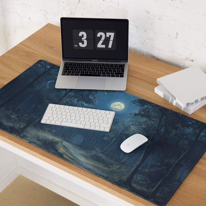 Dark blue forest gaming mouse pad with moonlit trees and non-slip base