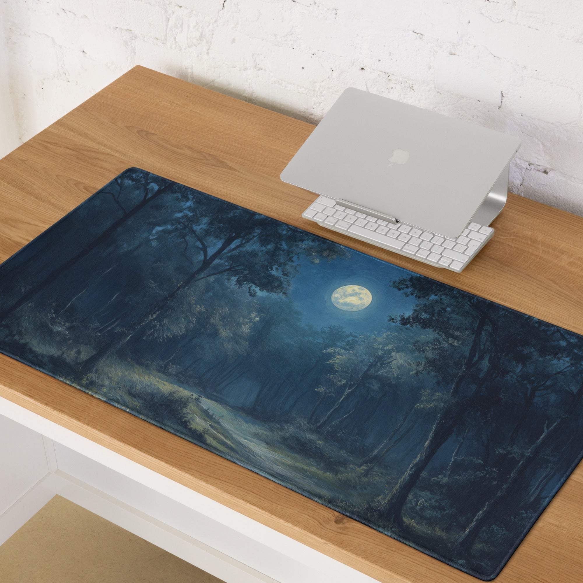 Dreamy moonlit forest gaming mouse pad with large size and stitched edges