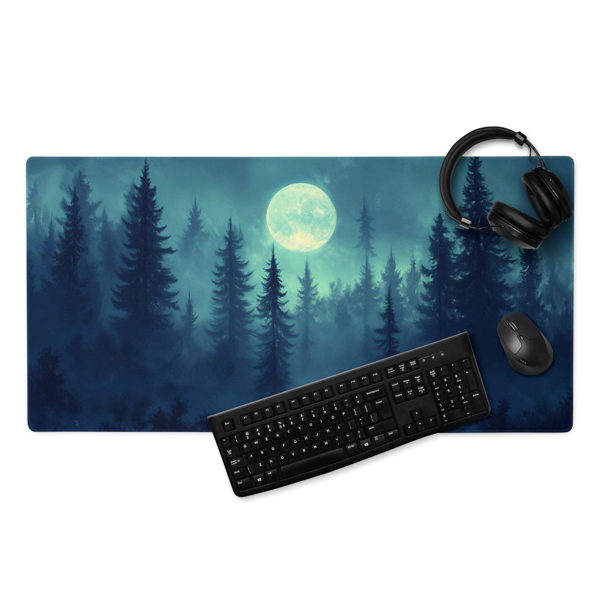 Moonlit mist shrouded forest gaming mousepad with pine trees under full moon
