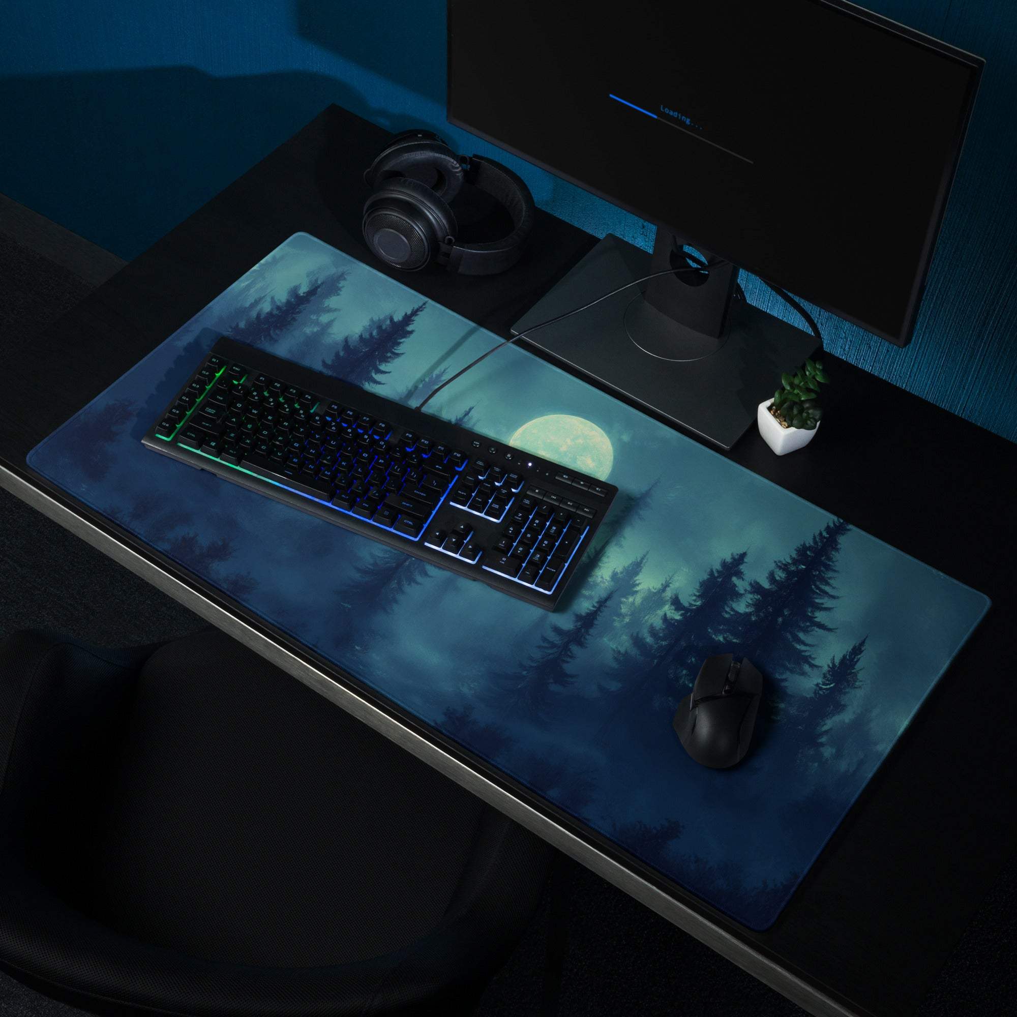 Moonlit Mist Shrouded Forest gaming mouse pad with glowing moon and pines