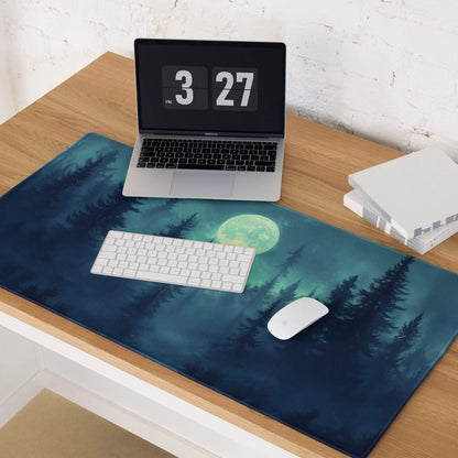 Moonlit Mist Shrouded Forest gaming mouse pad with glowing green moon