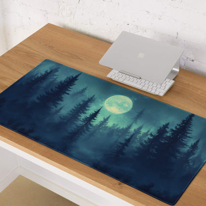 Moonlit Mist Shrouded Forest gaming mouse pad with green moon and pines