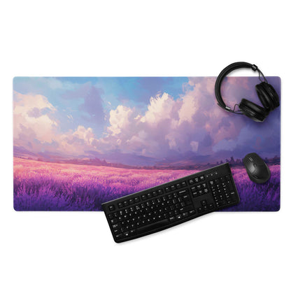 Purple pink lavender field mousepad under blue sky with clouds