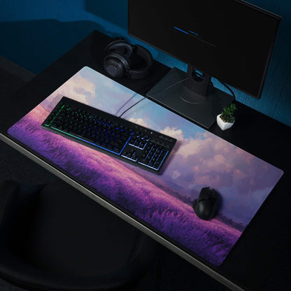 Pastel lavender fields sunset gaming mouse pad with purple pink sky and clouds