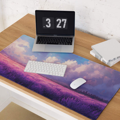 Purple blue gradient lavender fields mousepad with flowers under cloudy sky
