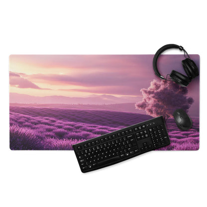 Purple lavender field sunset gaming mouse pad with non-slip backing