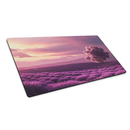 Purple lavender field mouse pad with tree under pink sunset, non-slip backing