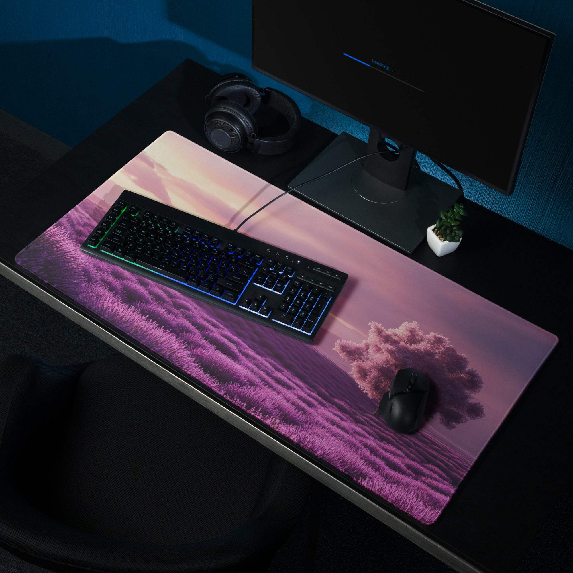 Purple Lavender Field large gaming mouse pad with vibrant purple pink landscape and tree