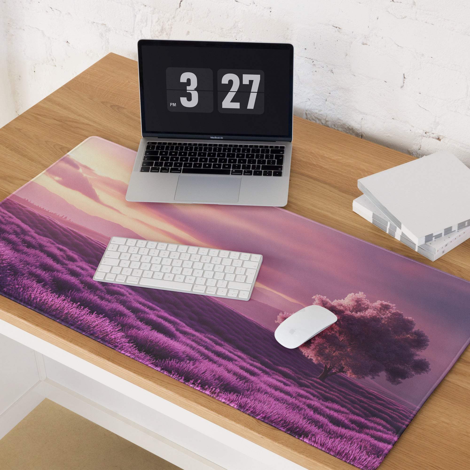 Purple lavender field mousepad with tree under pink orange sky