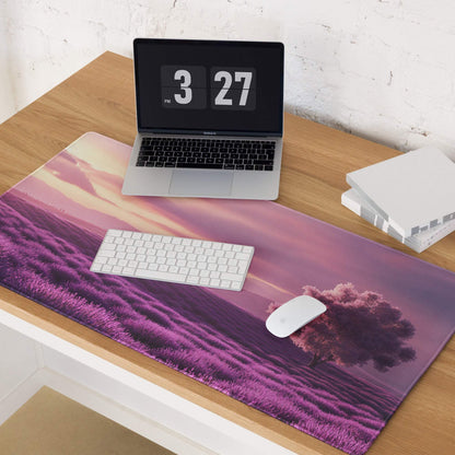 Purple lavender field mousepad with tree under pink orange sky