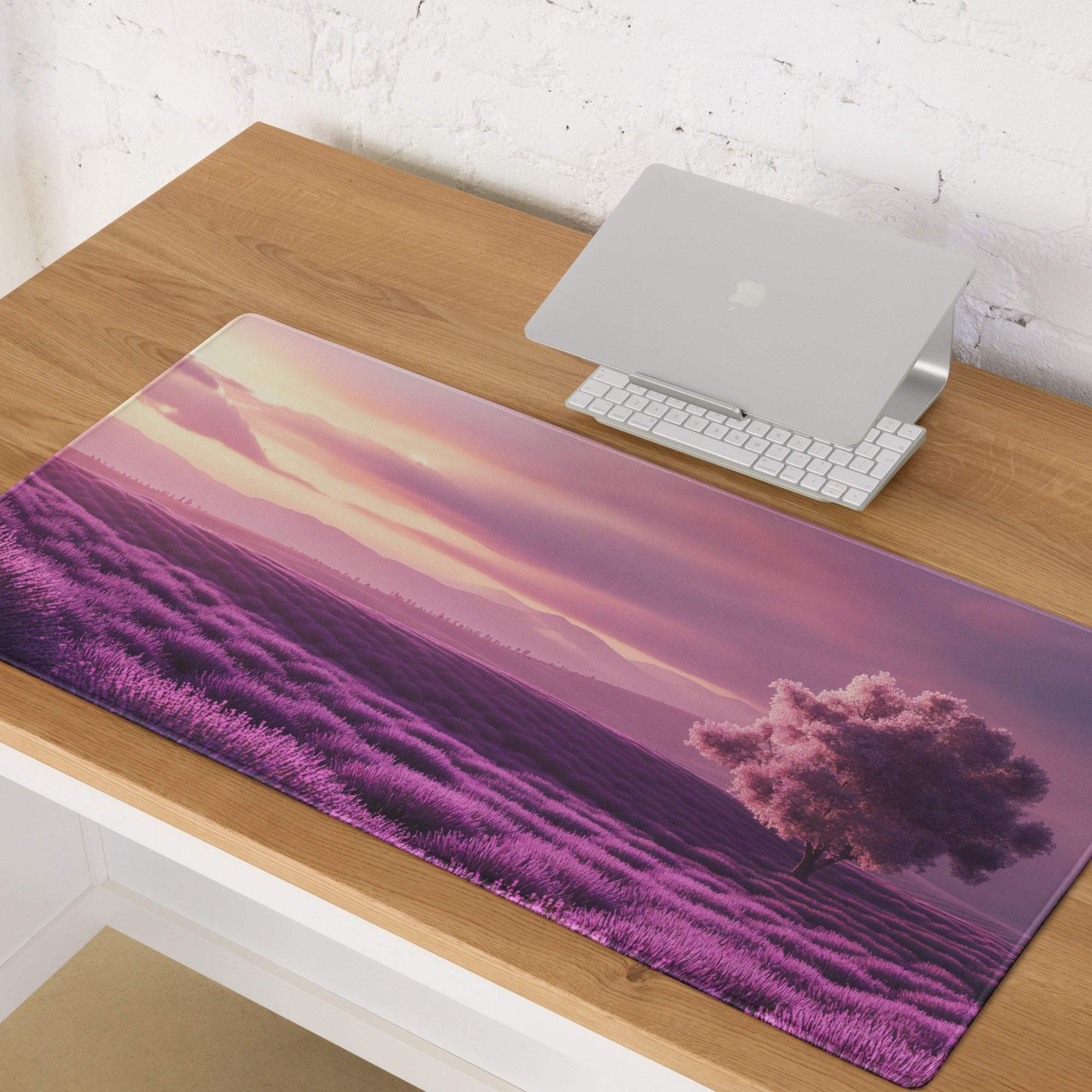 Purple lavender field gaming mouse pad with tree at sunset