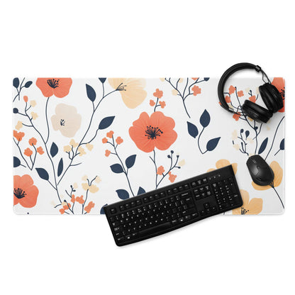 Floral style large gaming mouse pad with orange peach navy floral pattern