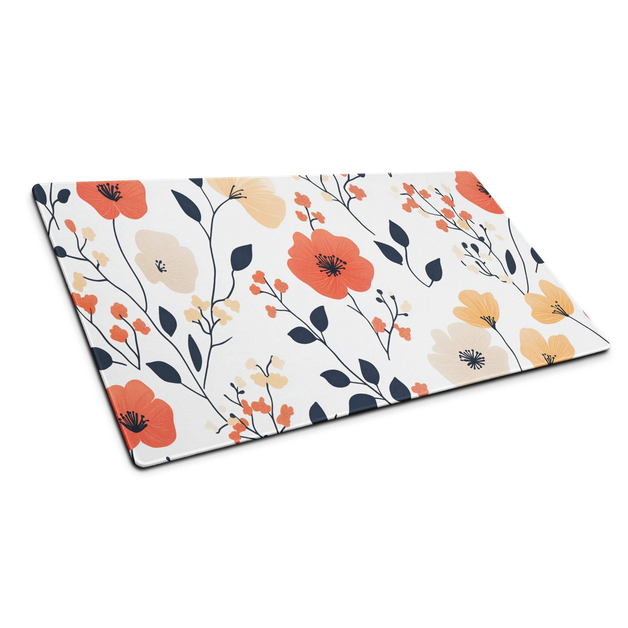 Floral large gaming mouse pad with orange peach blossoms, non-slip base