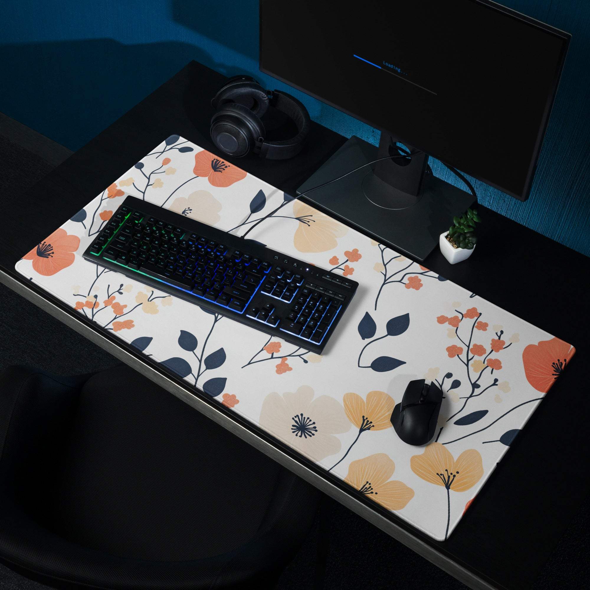 Floral style large gaming mouse pad with orange yellow blue pattern