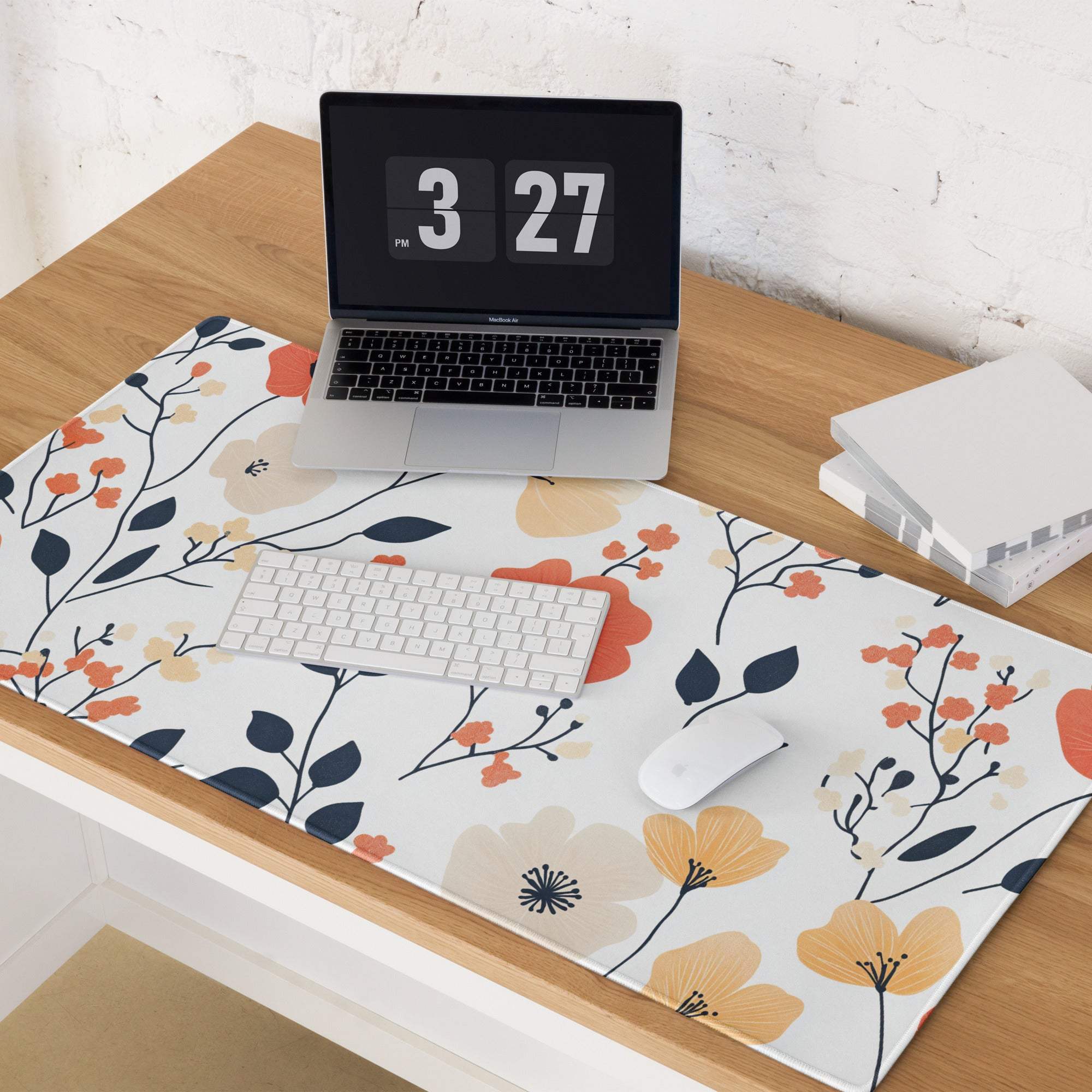 Floral large gaming mouse pad with orange yellow navy blossoms