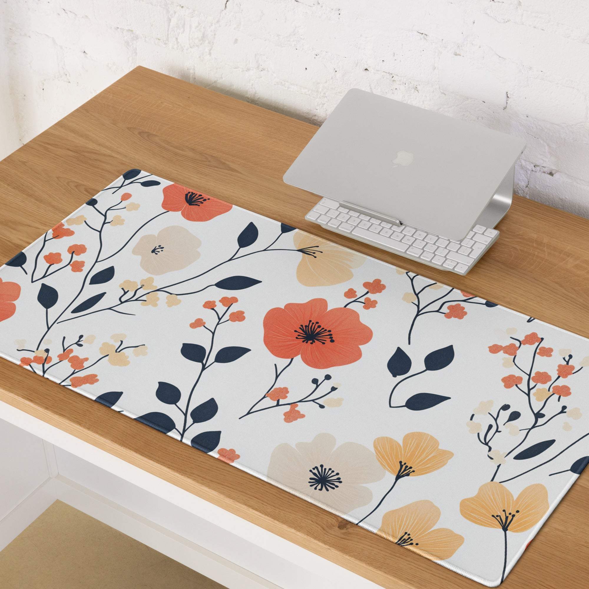 Floral large gaming mouse pad with orange flowers, non-slip base, stitched edges