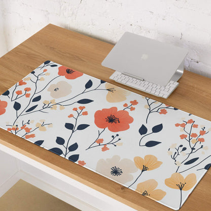 Floral large gaming mouse pad with orange flowers, non-slip base, stitched edges