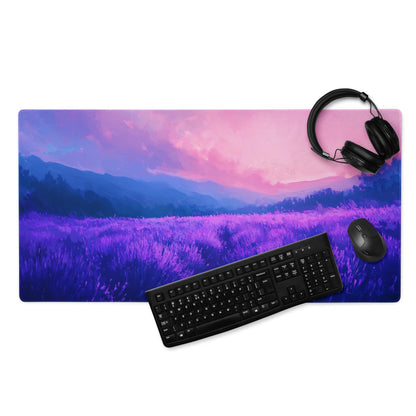 Dreamy purple sunset lavender field gaming mouse pad with headphones