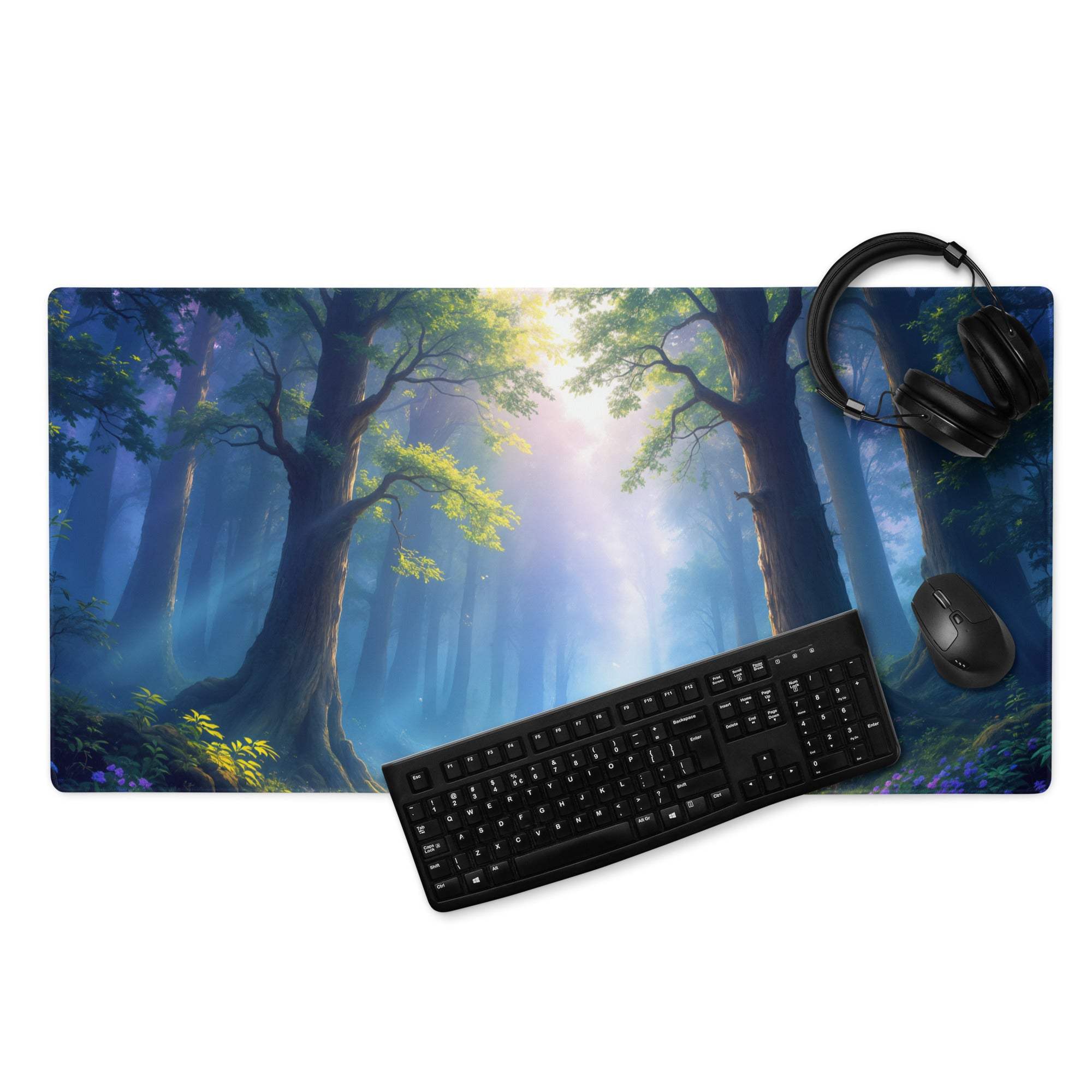 Epic Forest Dawn large gaming mousepad with serene forest scene