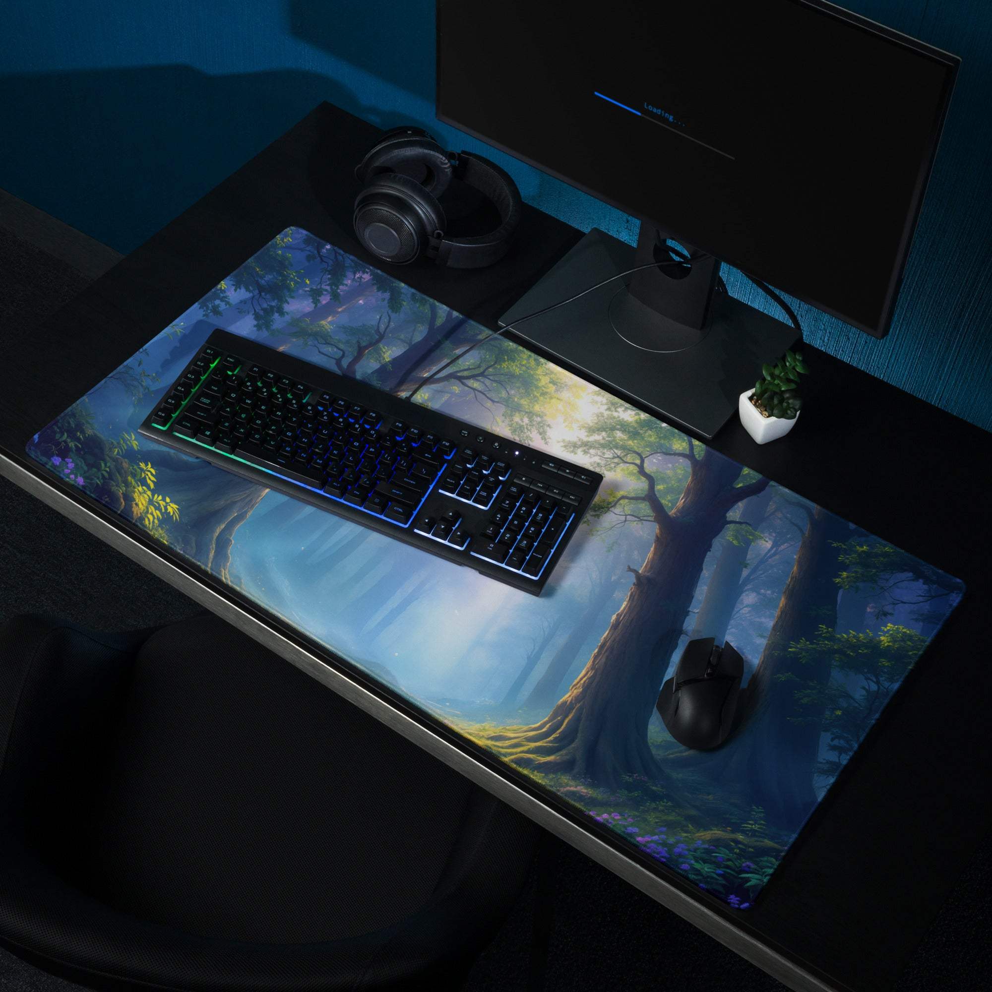 Epic Forest Dawn large gaming mousepad with fantasy forest, ultra smooth surface, non-slip backing