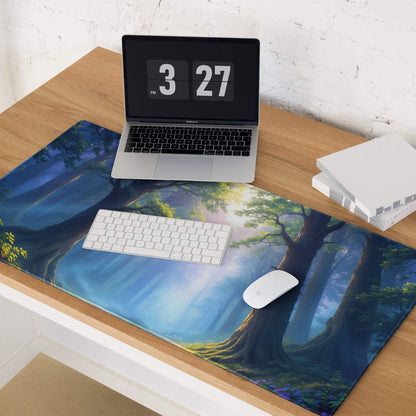 Epic Forest Dawn blue forest mousepad with trees, light rays, large smooth non-slip surface