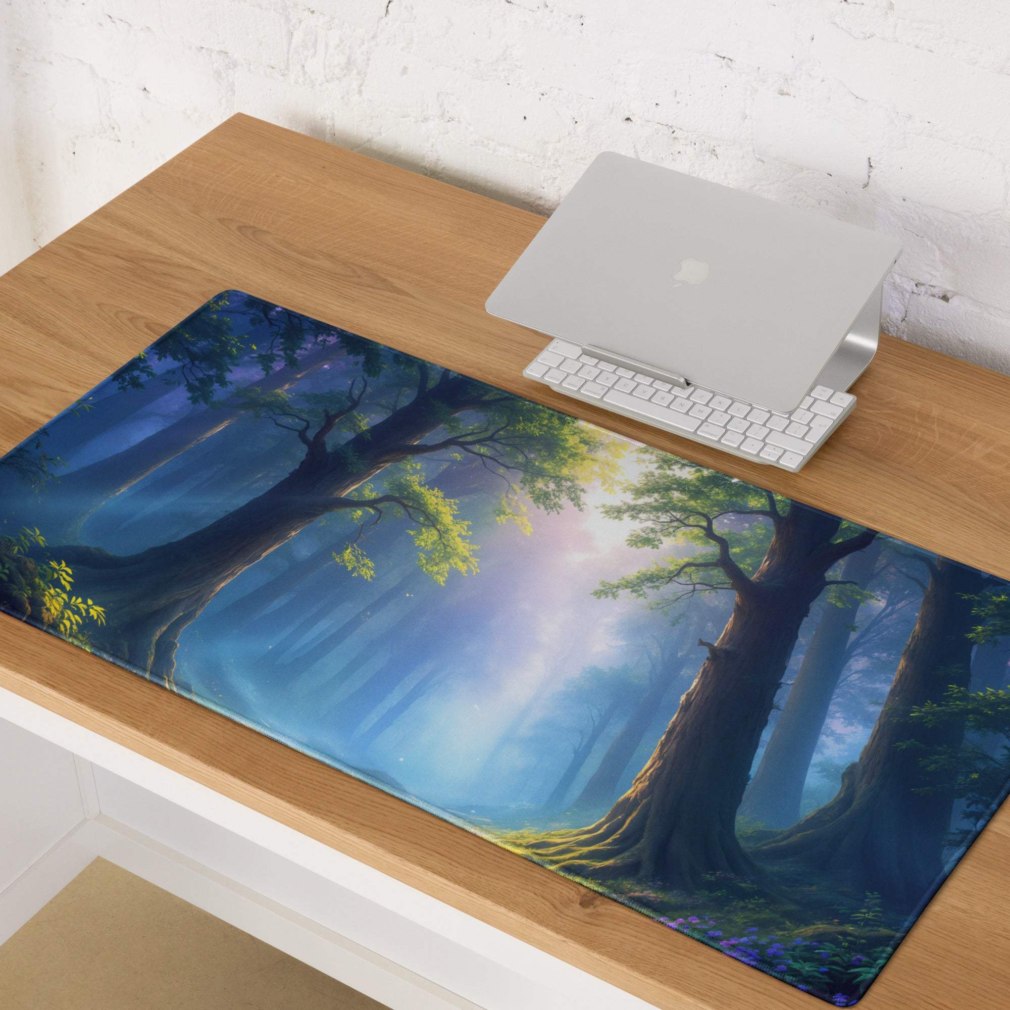 Epic Forest Dawn large gaming mousepad with forest trees and smooth surface