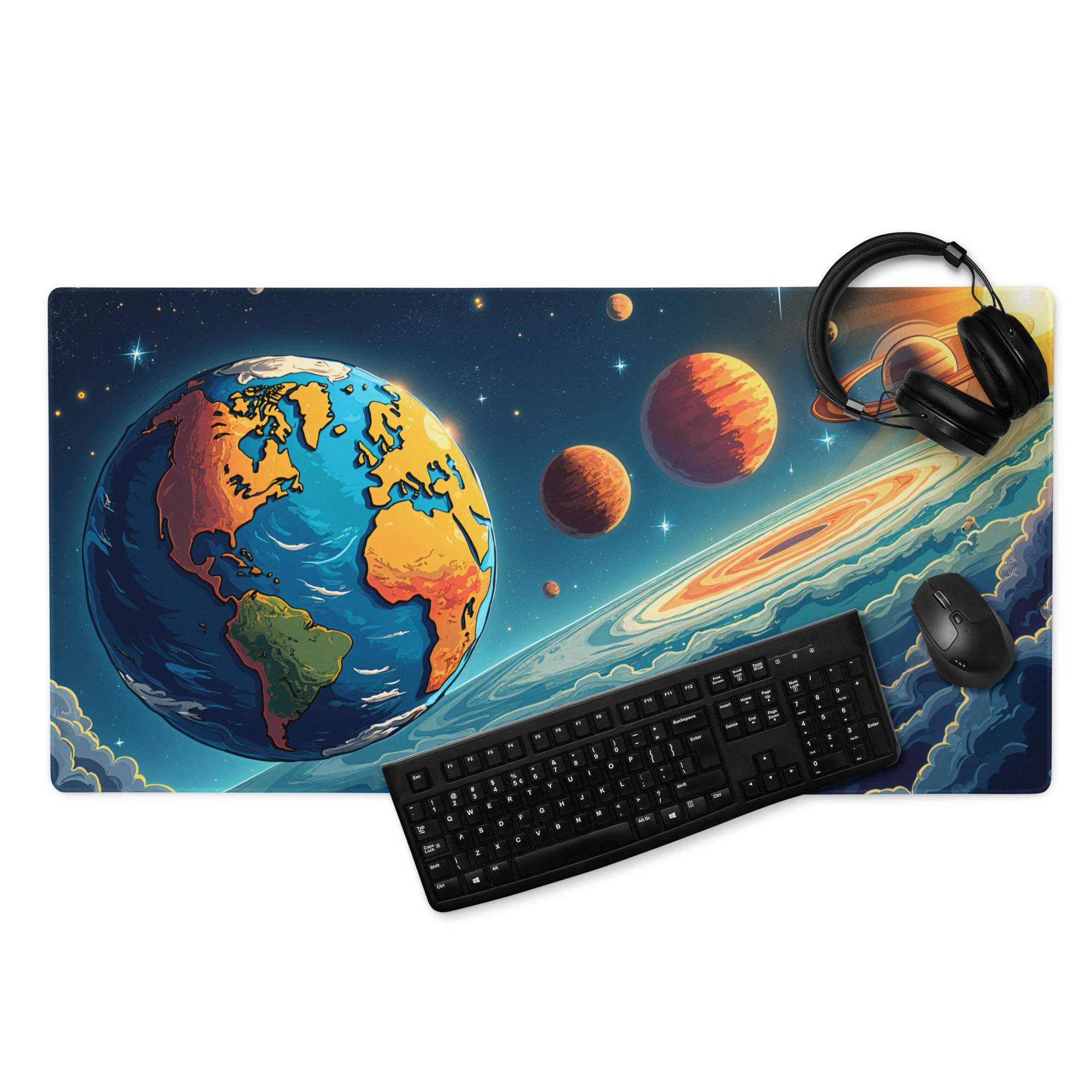 Vibrant cosmic gaming mouse pad with Earth, nebulae, planets, stars, non-slip base