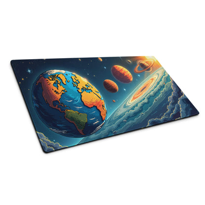 Large cosmic space scene gaming mouse pad with Earth, planets, swirls