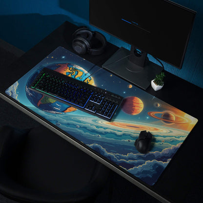 Vibrant cosmic gaming mouse pad with Earth, planets, stars, non-slip base, stitched edges
