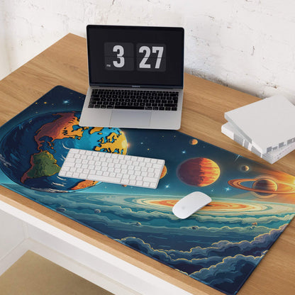 Large cosmic space scene gaming mouse pad with earth, planets, stars in blues, oranges, purples, non-slip base, stitched edges