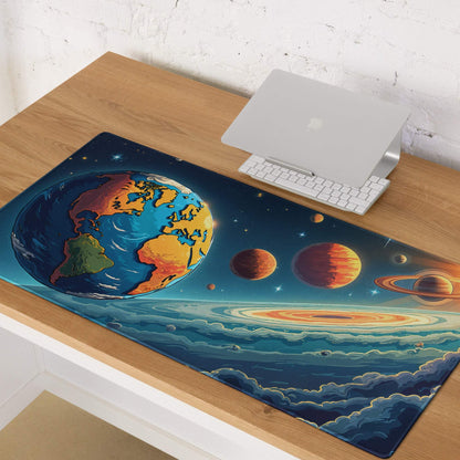 Vibrant cosmic gaming mouse pad with Earth, planets, stars, non-slip base, stitched edges