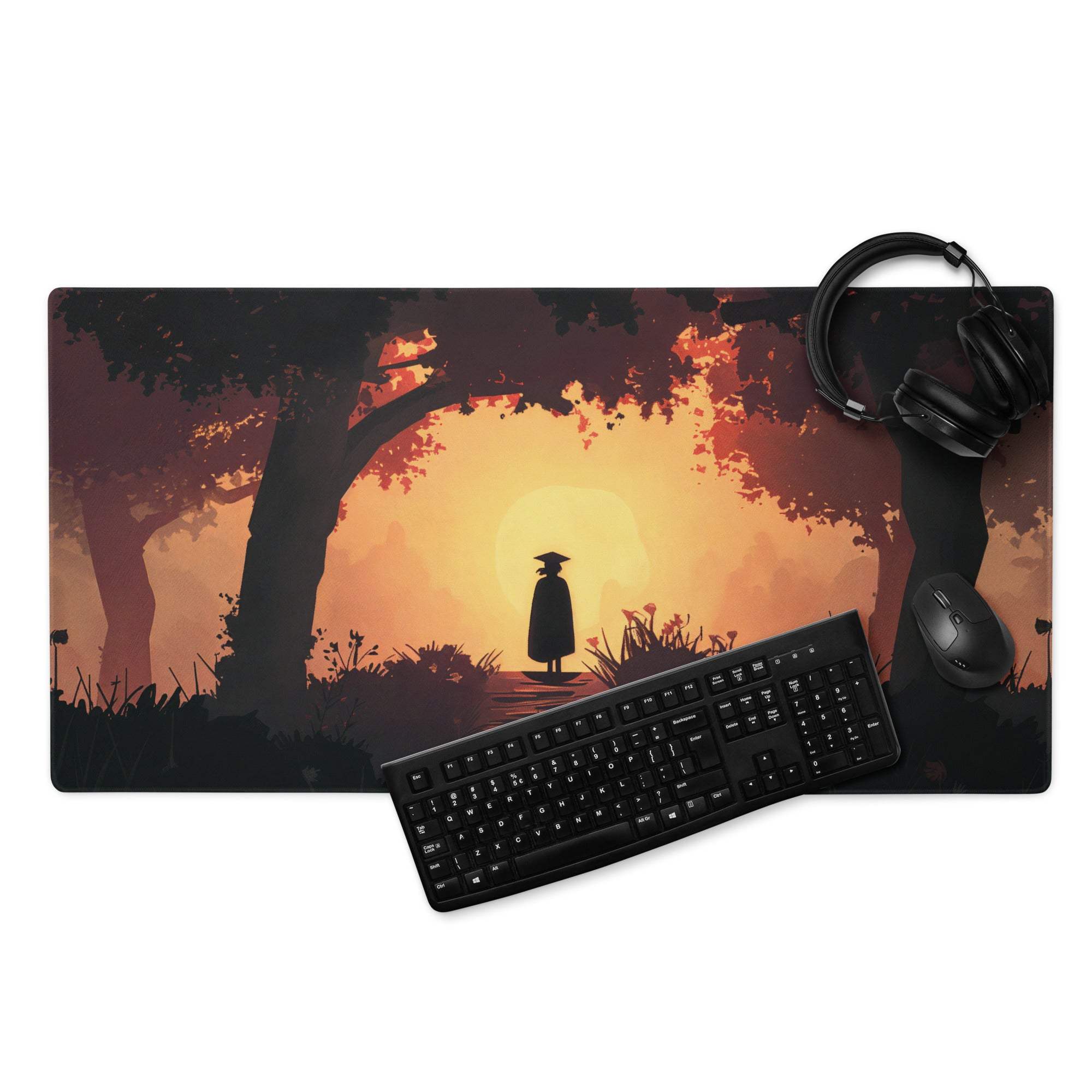 Epic Sunset Forest Silhouette gaming mousepad in warm orange hues