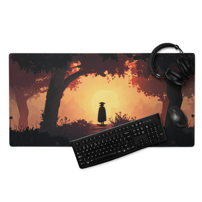 Epic Sunset Forest Silhouette gaming mousepad in warm orange hues