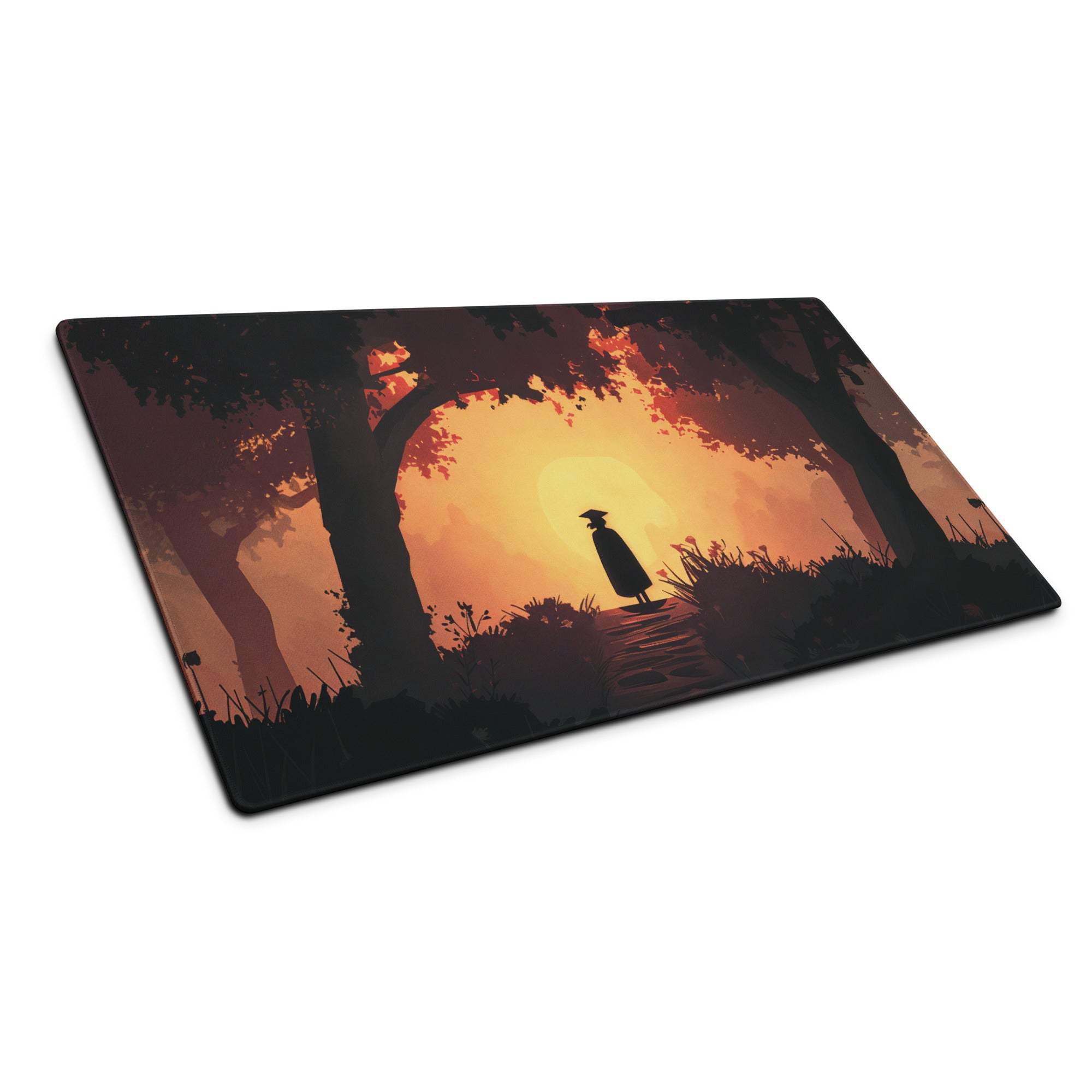 Epic Sunset Forest Silhouette gaming mouse pad in warm orange hues