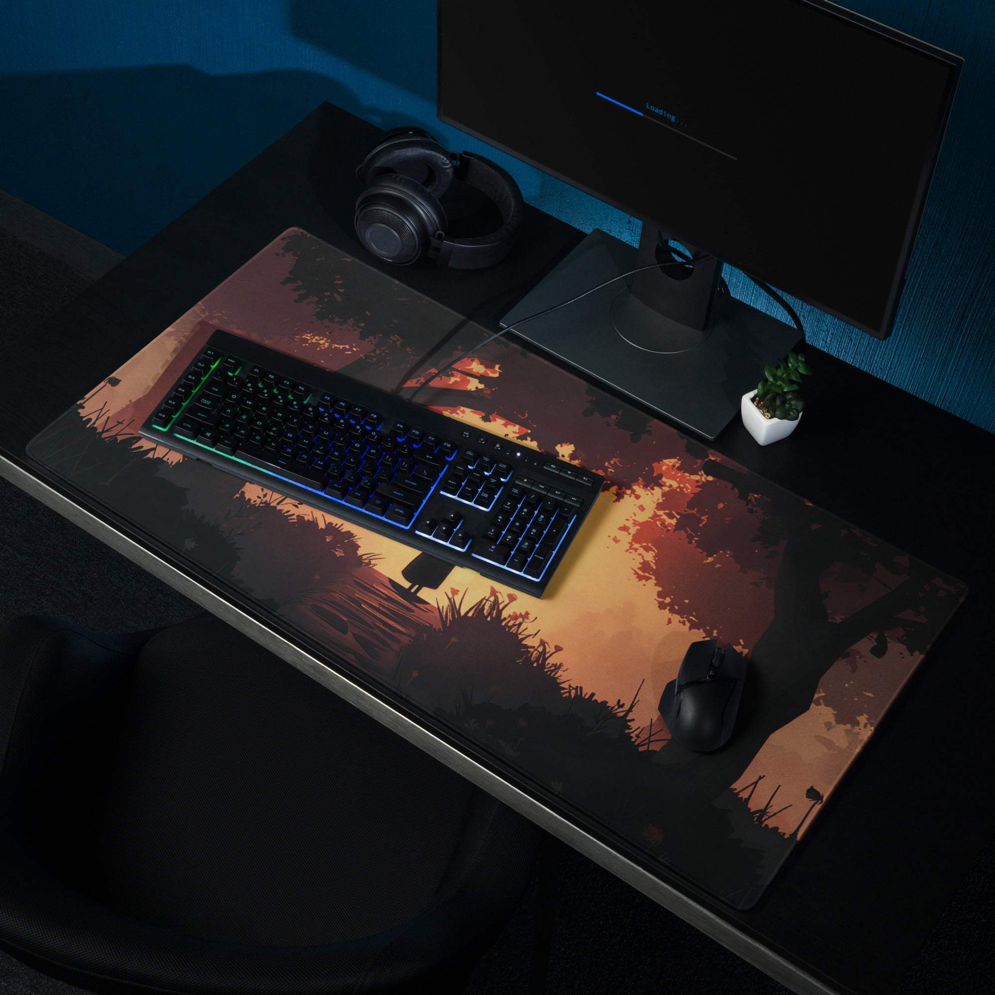 Epic Sunset Forest Silhouette gaming mouse pad in warm orange hues