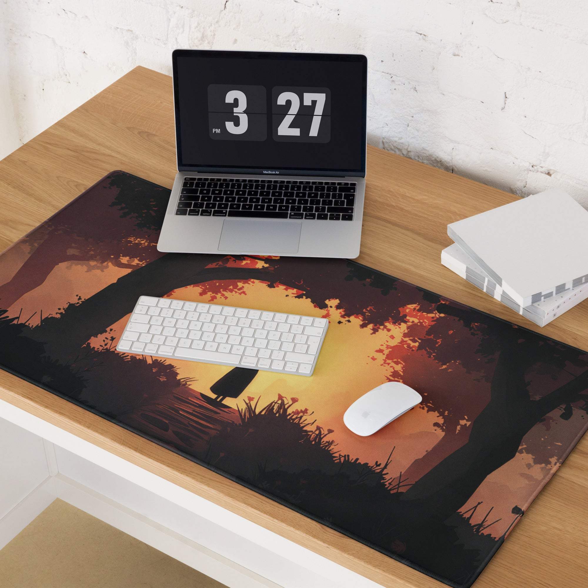 Epic Sunset Forest Silhouette gaming mouse pad in warm orange hues