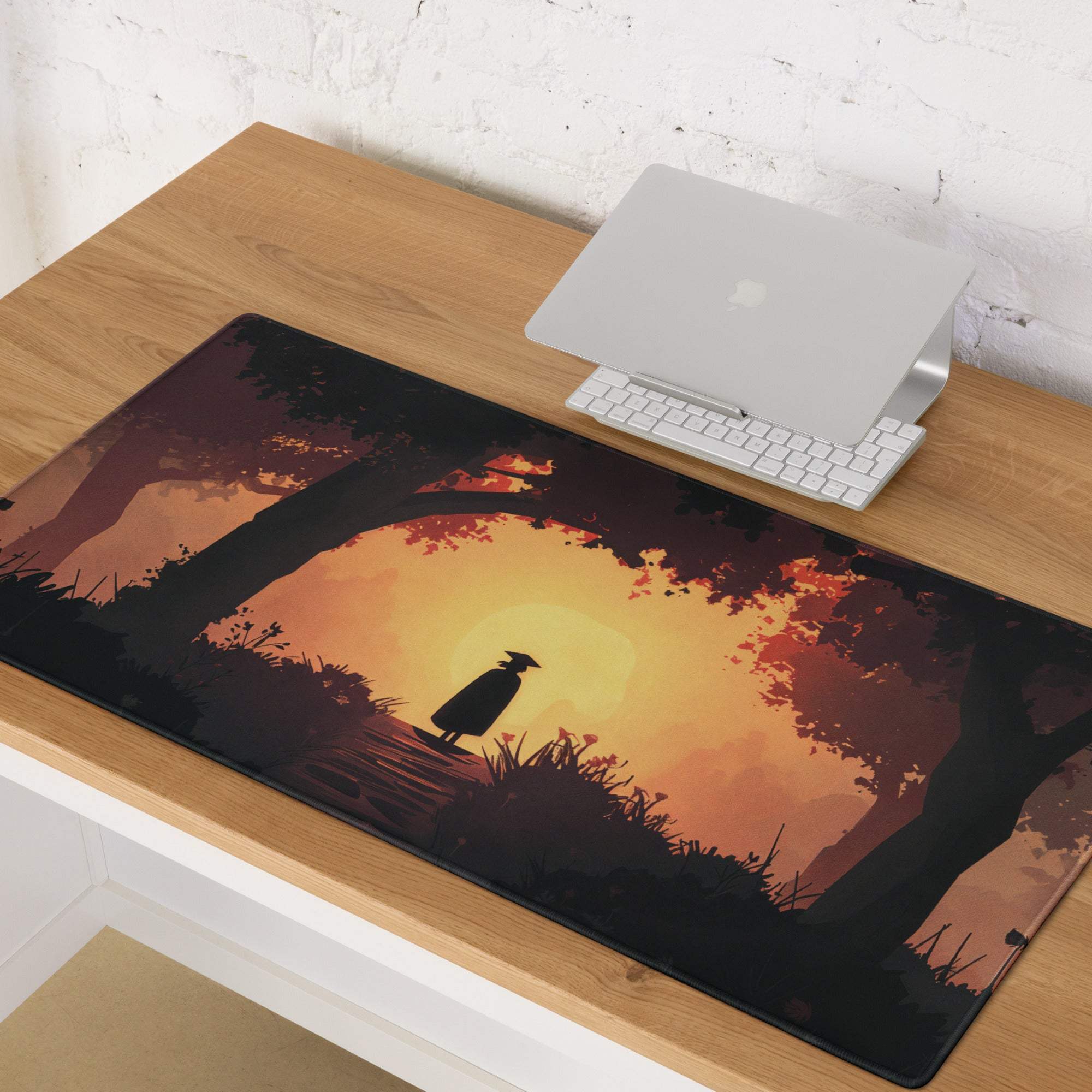Epic Sunset Forest Silhouette gaming mouse pad in warm orange sunset tones