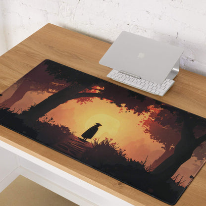 Epic Sunset Forest Silhouette gaming mouse pad in warm orange sunset tones
