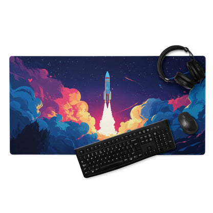 Vibrant night sky rocket launch gaming mouse pad with nebulae in purple pink blue