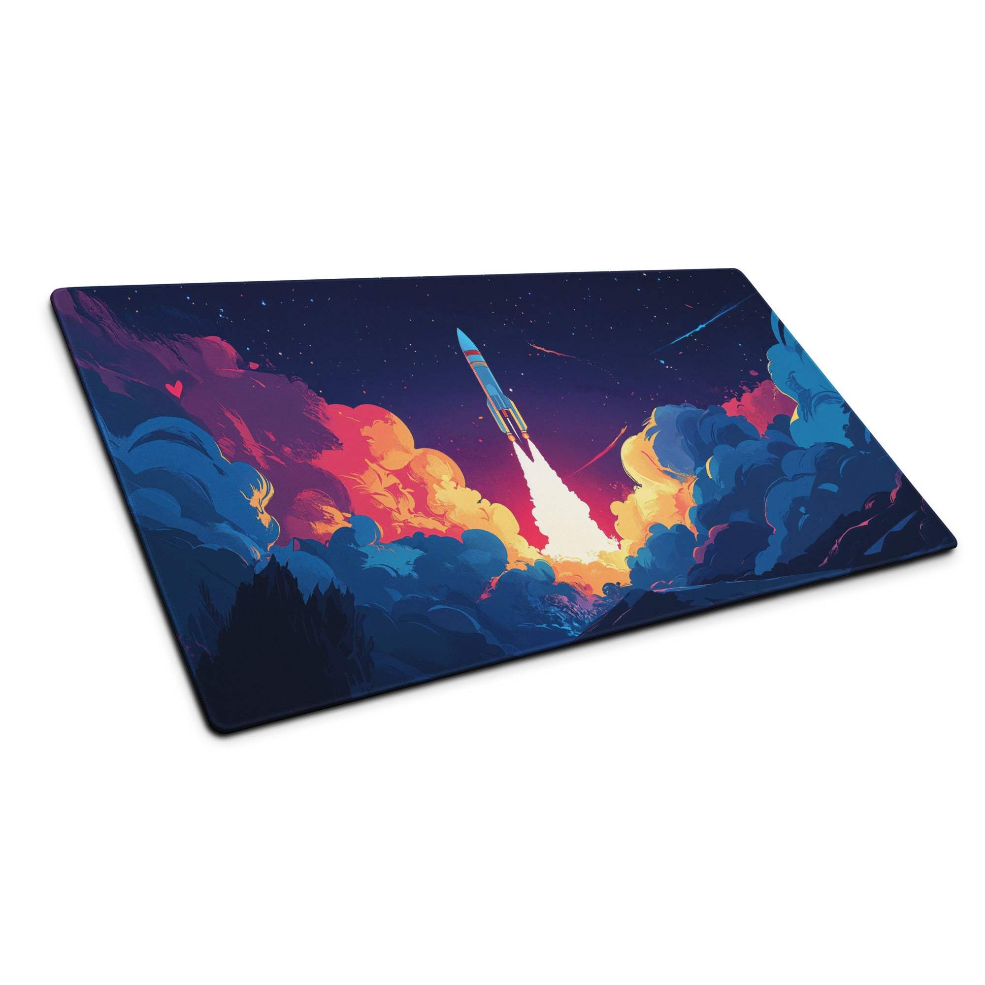 Vibrant night sky rocket launch gaming mouse pad in bold blue orange hues