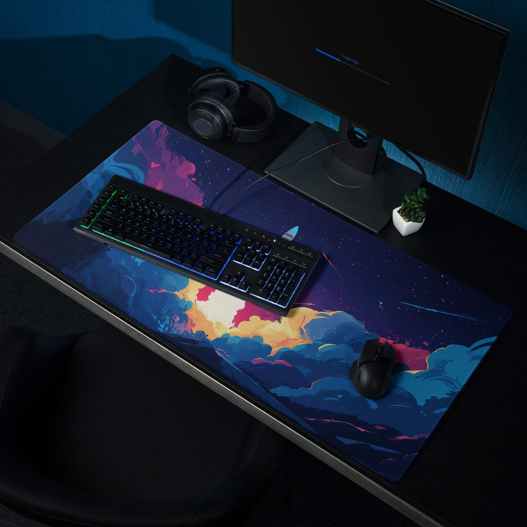 Vibrant cosmic gaming mousepad with nebulae, rocket launch, bold space colors