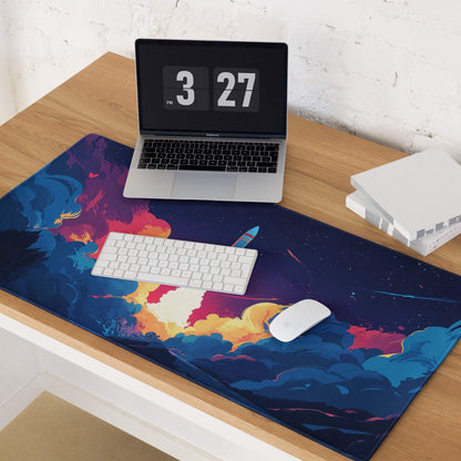 Vibrant night sky rocket launch mouse pad with nebulae in bold blues, purples, oranges