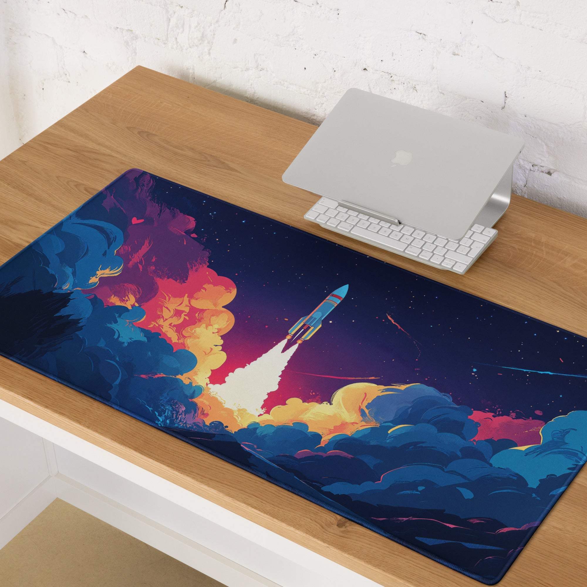 Vibrant night sky rocket launch gaming mouse pad with bold space colors